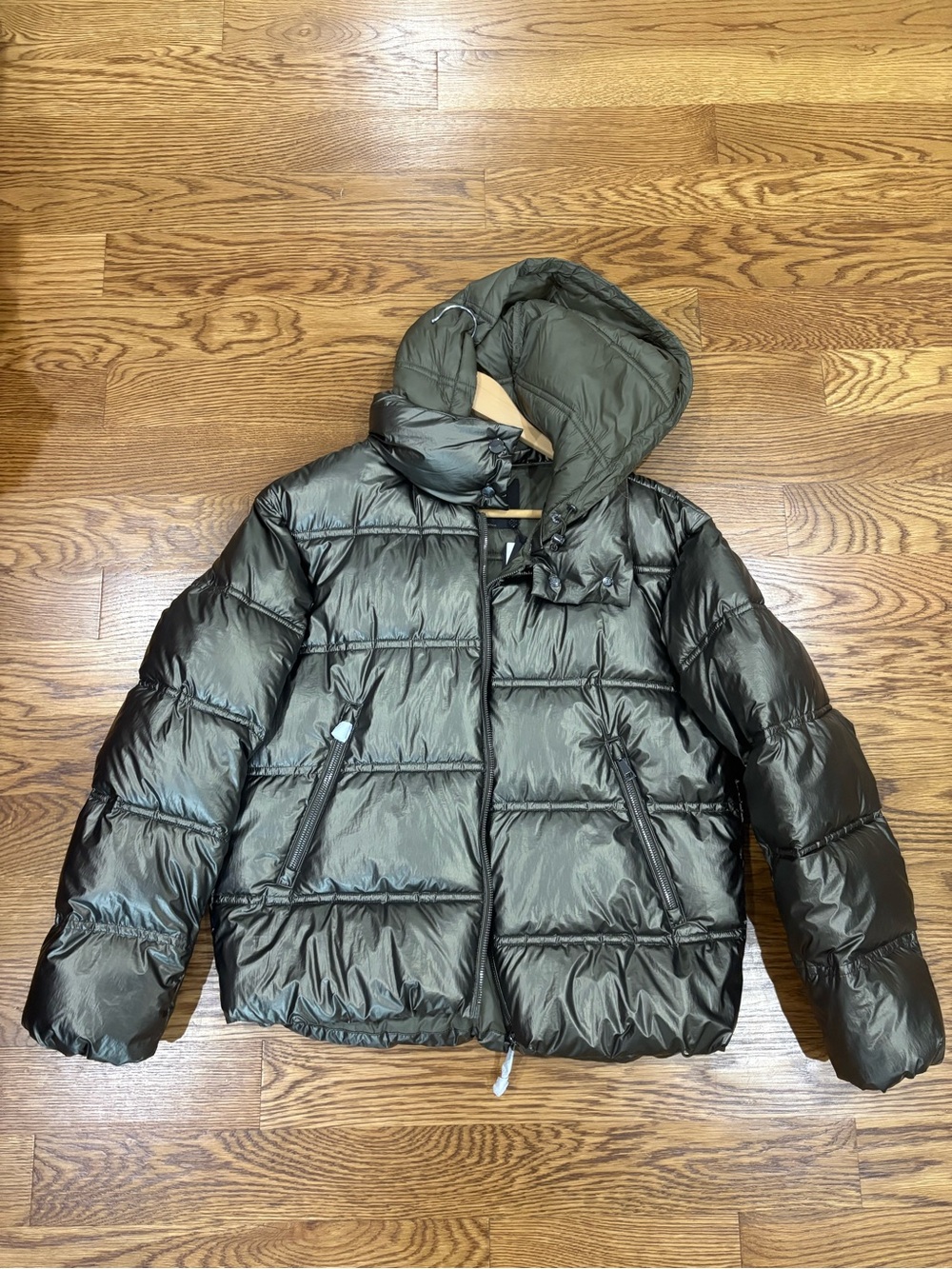 Massimo Dutti Shiny Olive Quilted Hooded Jacket